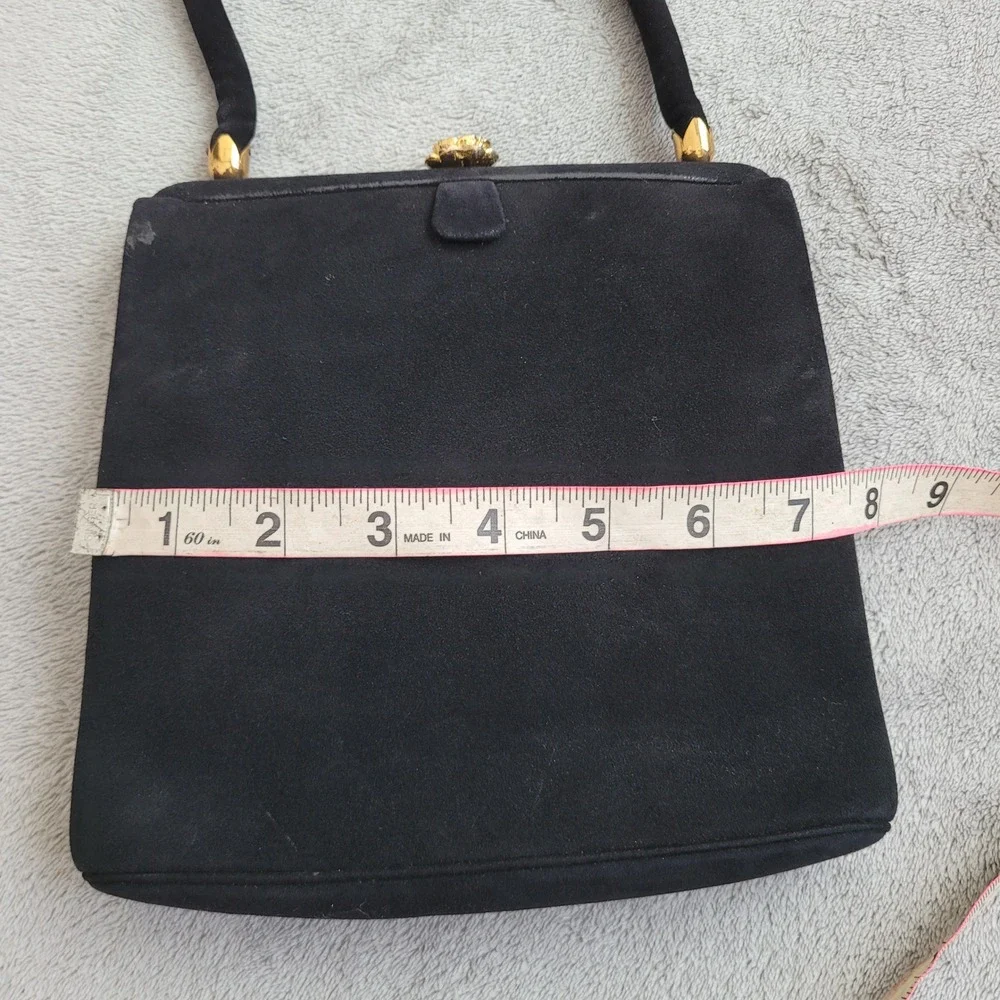 Vintage 60s Coblentz perma‎ suede black satchel handbag purse gold rose detail
